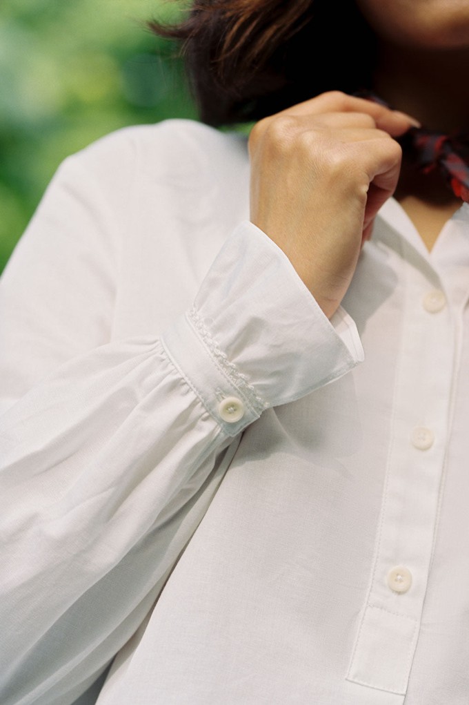 Marie Gather Neck A-Line Blouse, White Recycled Cotton from Saywood.