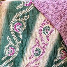 Mini kantha quilt in shades of green, pink & beige, handwoven in Bangladesh via Shakti.ism