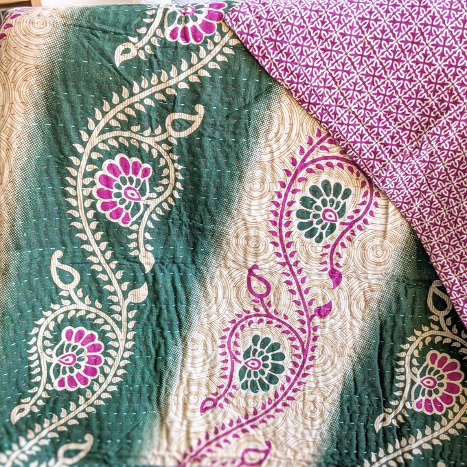 Mini kantha quilt in shades of green, pink & beige, handwoven in Bangladesh from Shakti.ism
