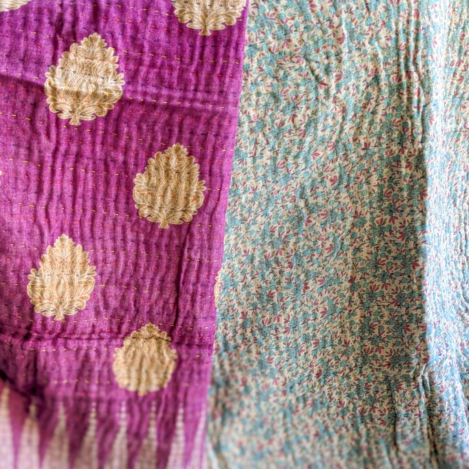 Mini kantha quilt in shades of blue, pink & beige, handwoven in Bangladesh from Shakti.ism