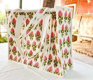Large quilted weekend tote bag, vibrant pink block print, floral design from Shakti.ism