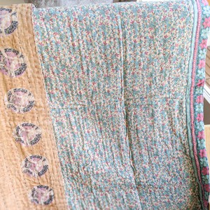 Mini kantha quilt in shades of blue, pink & beige, handwoven in Bangladesh from Shakti.ism