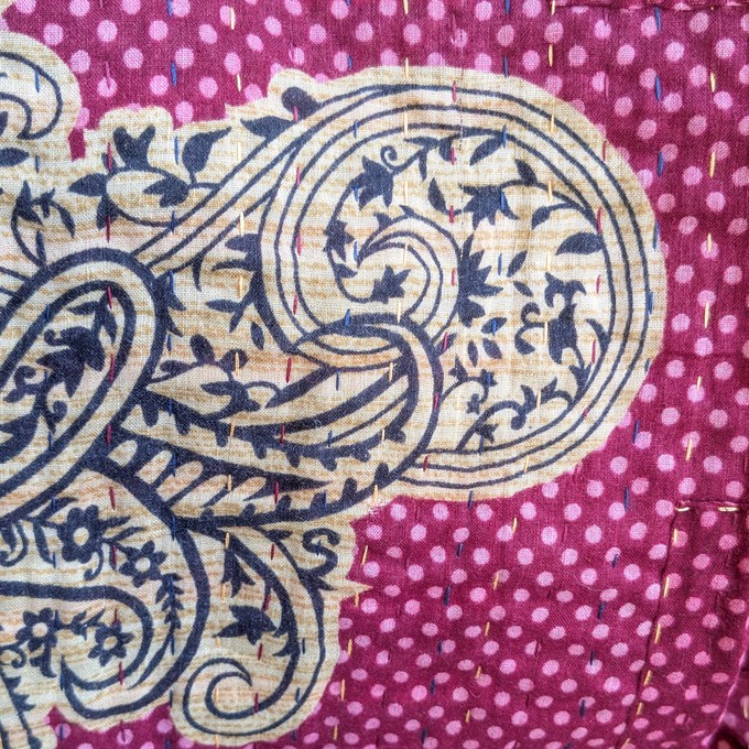 Mini kantha quilt in shades of pink, burgundy & beige, handwoven in Bangladesh from Shakti.ism