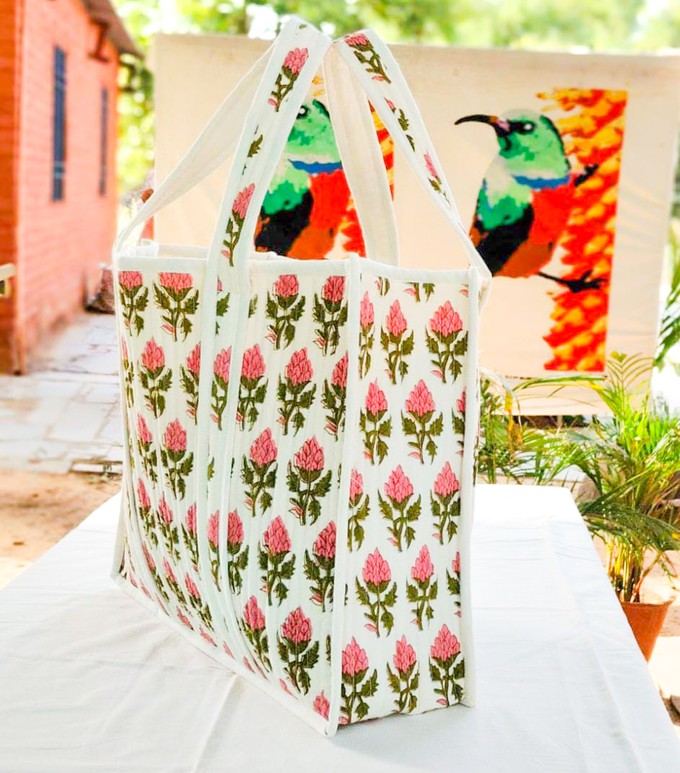 Large quilted weekend tote bag, vibrant pink block print, floral design from Shakti.ism