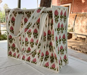 Large quilted weekend tote bag, vibrant pink block print, floral design from Shakti.ism