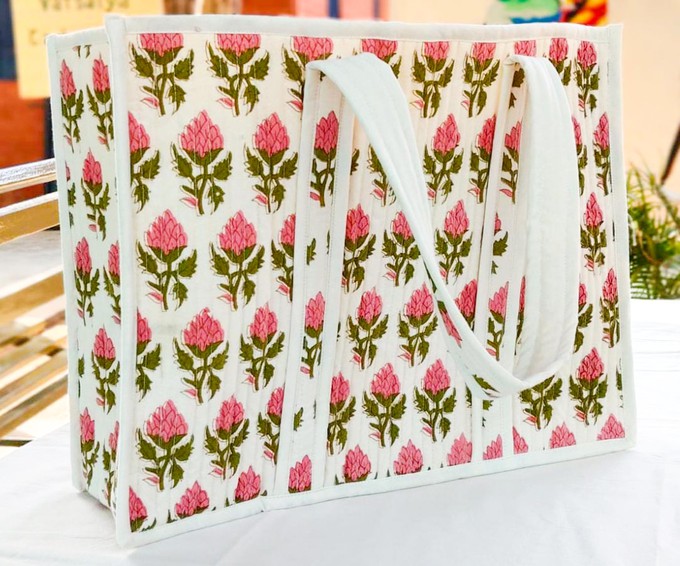 Large quilted weekend tote bag, vibrant pink block print, floral design from Shakti.ism