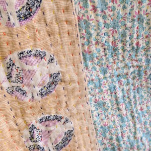 Mini kantha quilt in shades of blue, pink & beige, handwoven in Bangladesh from Shakti.ism