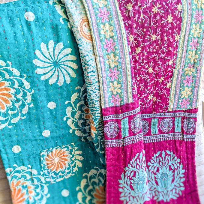 Mini kantha quilt in shades of teal & pink, handwoven in Bangladesh from Shakti.ism