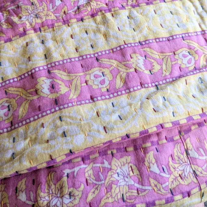 Mini kantha quilt in shades of pink, burgundy & beige, handwoven in Bangladesh from Shakti.ism