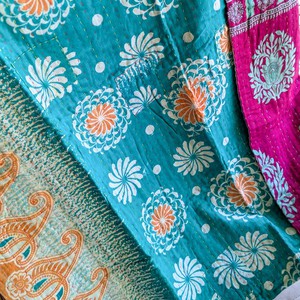 Mini kantha quilt in shades of teal & pink, handwoven in Bangladesh from Shakti.ism