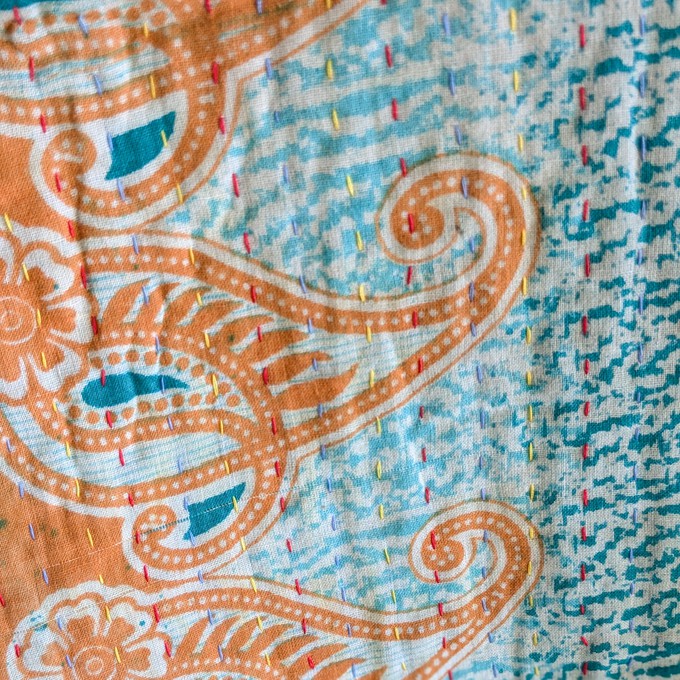 Mini kantha quilt in shades of teal & pink, handwoven in Bangladesh from Shakti.ism