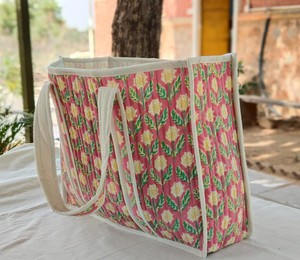 Large quilted weekend tote bag, vibrant pink block print, floral design from Shakti.ism