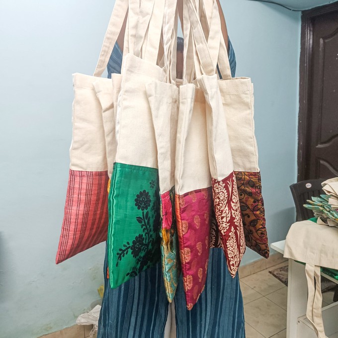 Half sari, half cotton tote bag, ethically handmade in India from Shakti.ism