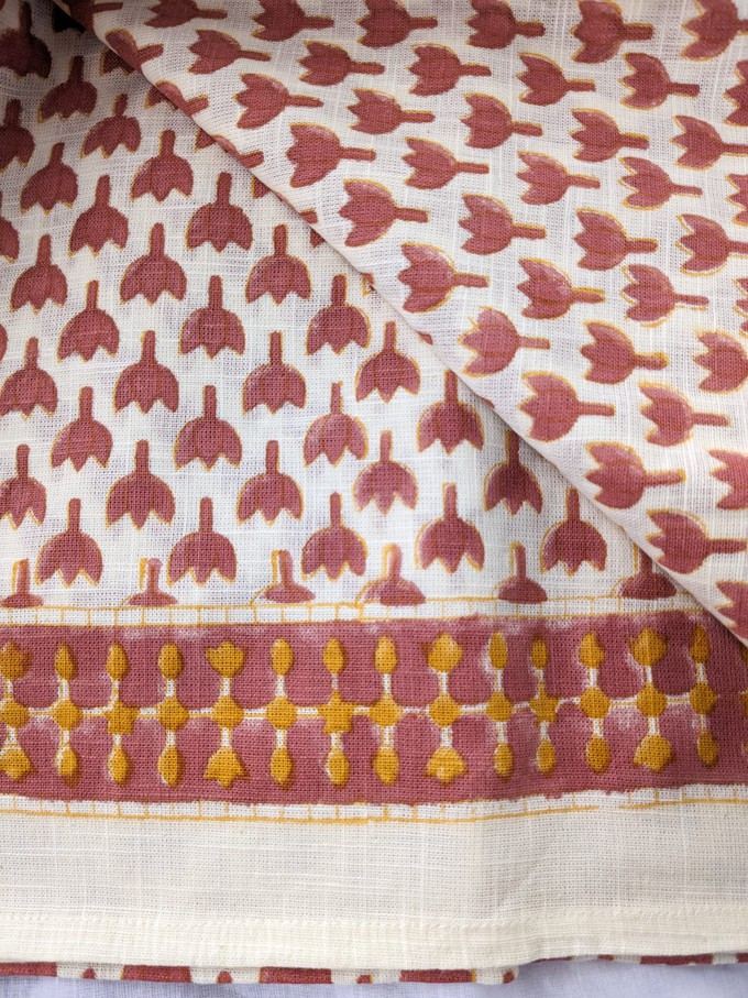 Hand block printed scarf, Indian cotton, red yellow flowers from Shakti.ism