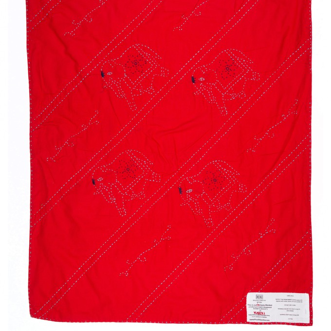 Embroidered, 100% cotton kantha baby blanket in red and orange elephant design by Khushi Kantha from Shakti.ism