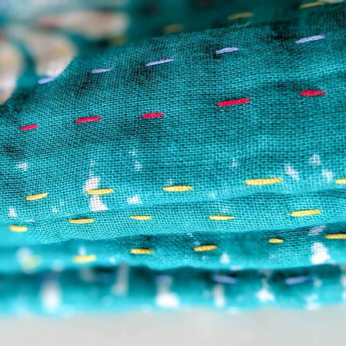 Mini kantha quilt in shades of teal & pink, handwoven in Bangladesh from Shakti.ism