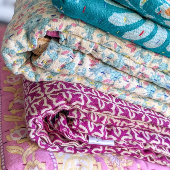 Mini kantha quilt in shades of green, pink & beige, handwoven in Bangladesh from Shakti.ism