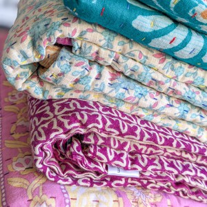 Mini kantha quilt in shades of green, pink & beige, handwoven in Bangladesh from Shakti.ism