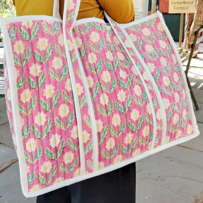 Large quilted weekend tote bag, vibrant pink block print, floral design from Shakti.ism