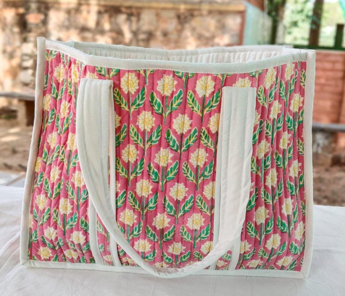 Large quilted weekend tote bag, vibrant pink block print, floral design from Shakti.ism