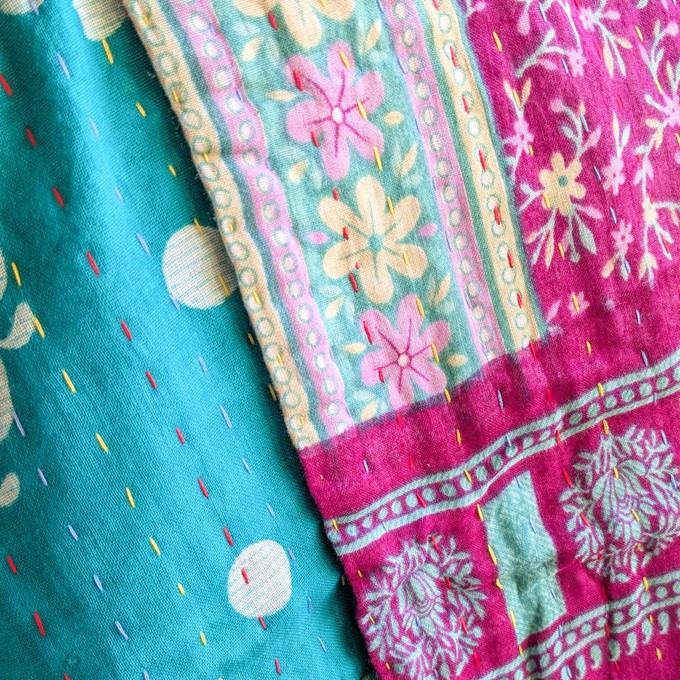 Mini kantha quilt in shades of teal & pink, handwoven in Bangladesh from Shakti.ism
