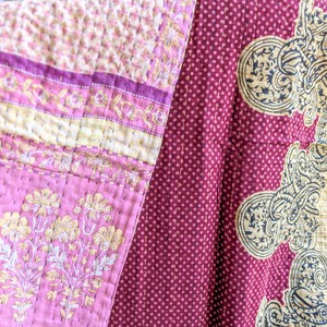 Mini kantha quilt in shades of pink, burgundy & beige, handwoven in Bangladesh from Shakti.ism