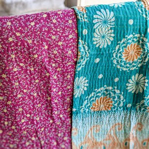 Mini kantha quilt in shades of teal & pink, handwoven in Bangladesh from Shakti.ism