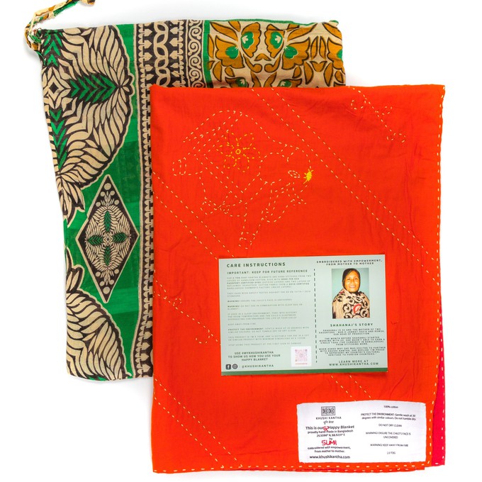 Embroidered, 100% cotton kantha baby blanket in red and orange elephant design by Khushi Kantha from Shakti.ism