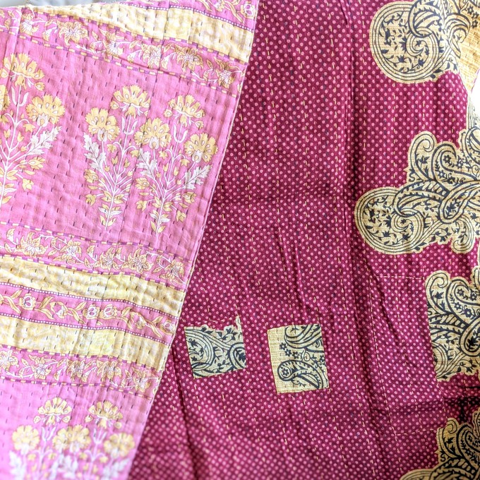 Mini kantha quilt in shades of pink, burgundy & beige, handwoven in Bangladesh from Shakti.ism