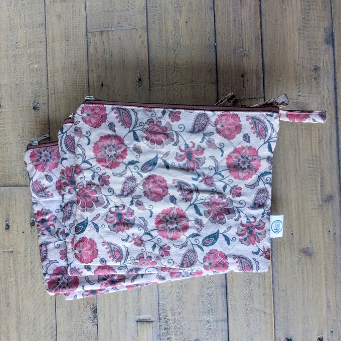 Quilted Sari Pouches: Beige Floral Pattern with Colourful Zipper from Shakti.ism