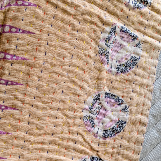 Mini kantha quilt in shades of blue, pink & beige, handwoven in Bangladesh from Shakti.ism