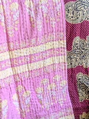 Mini kantha quilt in shades of pink, burgundy & beige, handwoven in Bangladesh from Shakti.ism