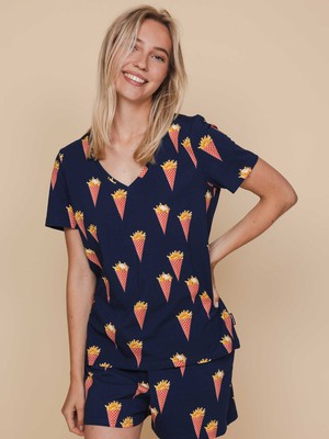 Fries Navy V-Neck T-shirt and Shorts set Women from SNURK