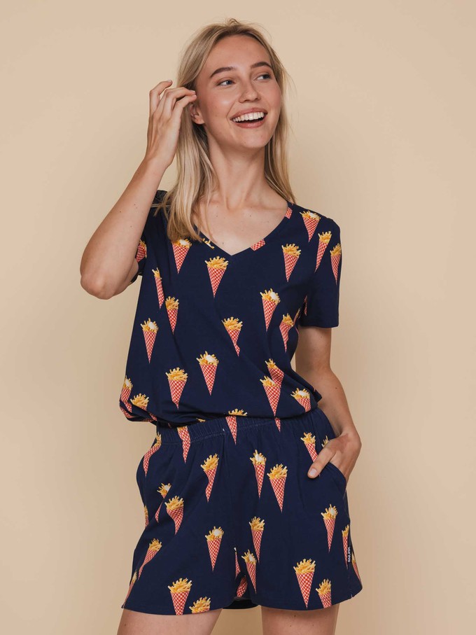Fries Navy V-Neck T-shirt and Shorts set Women from SNURK