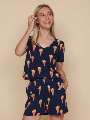 Fries Navy V-Neck T-shirt and Shorts set Women from SNURK