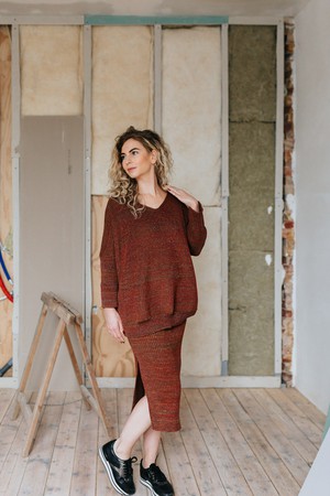 Leaves Merino Blend Oversized V Neck Jumper With Sparkles - Brown/Red Blend from STUDIO MYR