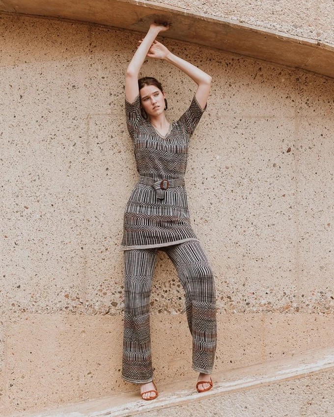 Dogon Tribal Jacquard Linen Blend Knitted Palazzo Trousers - Black/Neutrals from STUDIO MYR