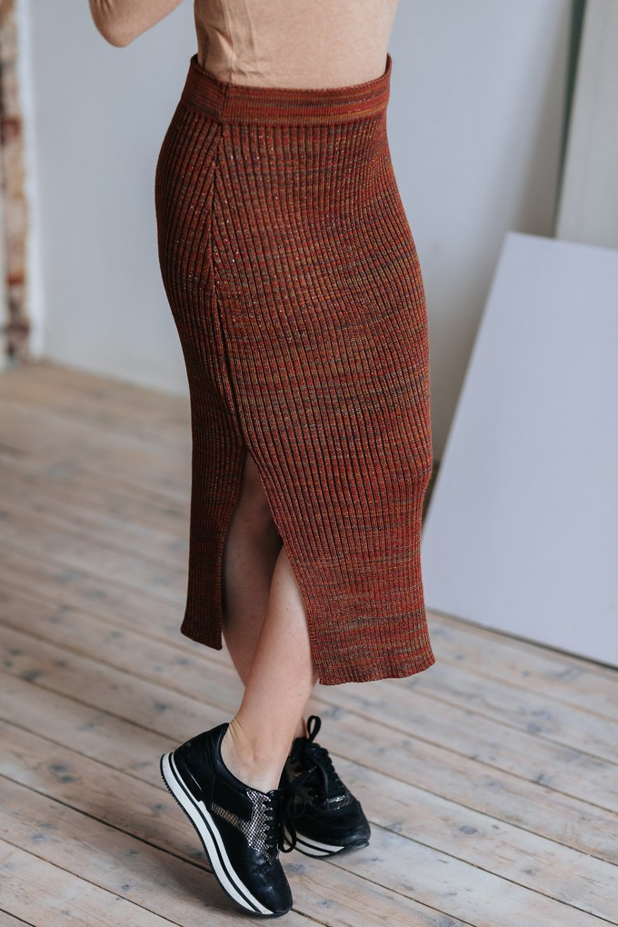 Leaves Rib Knit Midi Pencil Skirt With Sparkles - Red/Brown Merino Wool Blend from STUDIO MYR