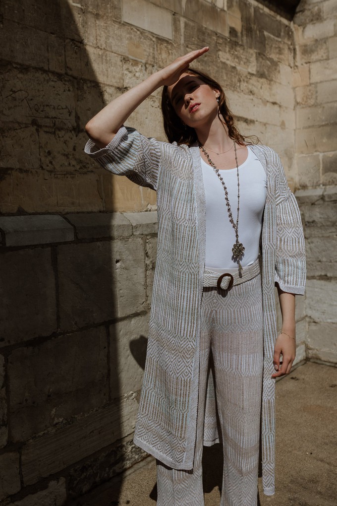 Berber Linen Blend Tribal Jacquard Knitted Kimono Cardigan - White/Neutrals from STUDIO MYR