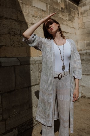 Berber Linen Blend Tribal Jacquard Knitted Kimono Cardigan - White/Neutrals from STUDIO MYR