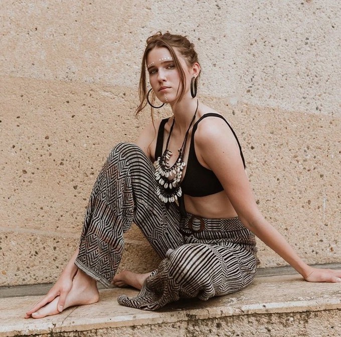 Dogon Tribal Jacquard Linen Blend Knitted Palazzo Trousers - Black/Neutrals from STUDIO MYR