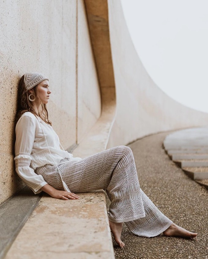 Berber Tribal Jacquard Linen Blend Knitted Palazzo Trousers - White/Neutrals from STUDIO MYR