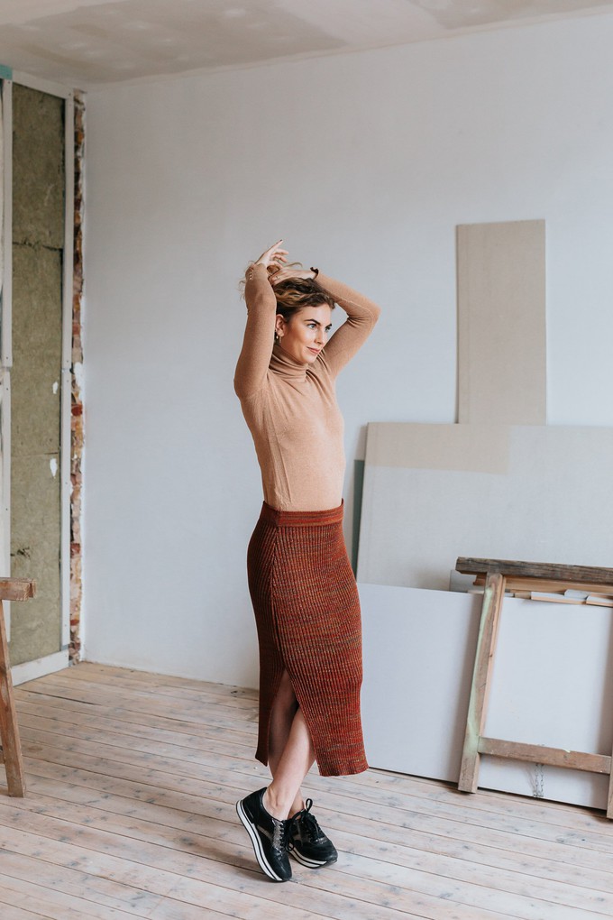 Leaves Rib Knit Midi Pencil Skirt With Sparkles - Red/Brown Merino Wool Blend from STUDIO MYR