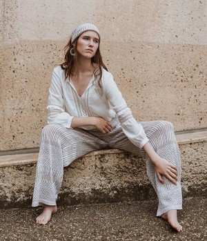 Berber Tribal Jacquard Linen Blend Knitted Palazzo Trousers - White/Neutrals from STUDIO MYR