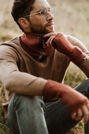 Count Mens Fingerless Gloves Rib Knit Merino Blend With Zipper- Brow Mix from STUDIO MYR